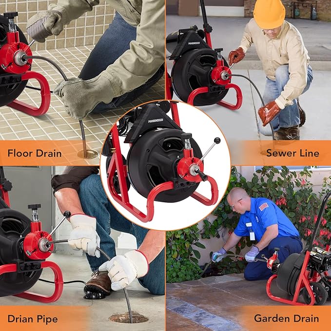PIONEERWORKS 100Ft x 3/8In Drain Cleaner Machine, Auto-feed Professional 6.8A Electric Drain Auger, Air-Activated Foot Switch, w/ 6 Cutters, Gloves, Drain Auger Cleaner Sewer Snake