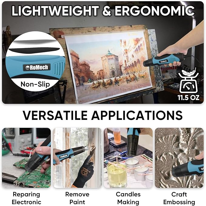 ROMECH 350W Heat Gun with 2 Nozzles, Dual Temp Heat Gun 400°F-660°F, Fast Heat Hot Air Gun with Overload Protection for DIY Craft Embossing Shrink Wrapping (Cyan)