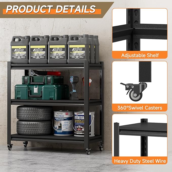 Workbench on Wheels, Adjustable Heavy Duty Work Table with Wheels, Heavy Duty Workstation, Metal Tool Work Bench for Garage Warehouse Workshop, 32" H x 18" D x 34" W