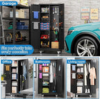 Garage Storage Cabinet with Wheels, Metal Tool Cabinet with Pegboards and 4 Adjustable Shelves, Garage Storage System with Lockable Door for Shools, Offices, Gyms and Pantries, Black