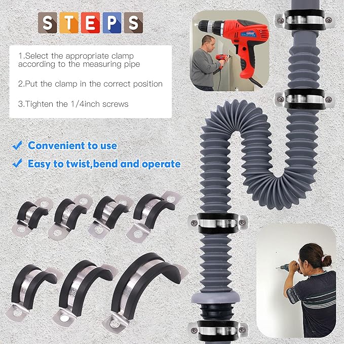 Glarks 16Pcs 28MM 2 Hole U-Tube Strap Clamp Set 304 Stainless Steel Rubber Cushion Rigid Pipe Strap U Bracket Tube Strap Assortment Kit For Pipe Tube Fixing (28mm)