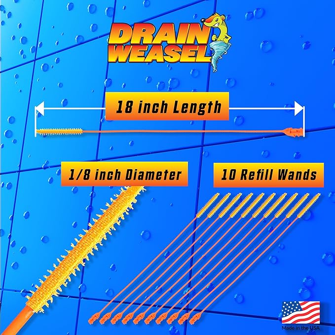 FlexiSnake Drain Weasel Refill - Sink Snake Hair Clog Remover Tool, Sink, Pipe, Bathroom, Bathtub Drain Cleaner, 18-inch Long Flexible Disposable Wands, Made in The USA, 10 Pack