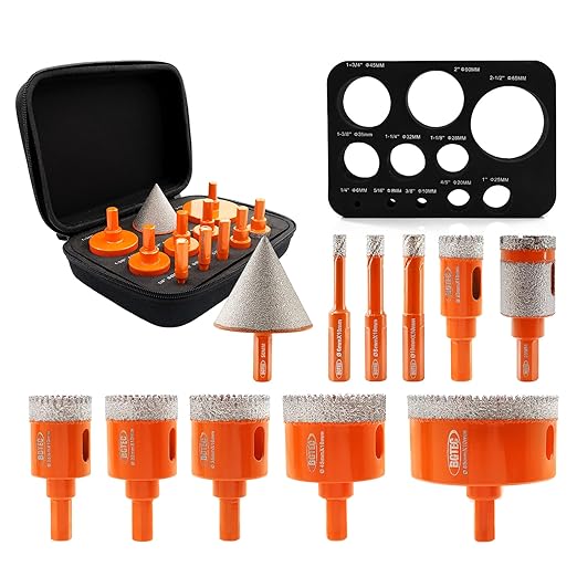 Diamond Core Drill Bit Kit BGTEC Hole Saw Tile Cutter,Triangle Shank 9pcs 6/8/10/20/28/32/35/45/65mm Drill Bits+1pc 25mm Drilling Finger Bit+1pc 2" Hex Shank Chamfer Bit