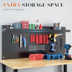 60" Heavy Duty Adjustable Workbench with Large Pegboard& Partition, Adjustable Work Table with Power Outlets & Lockable Wheels, Rubber Wood Workstation for Garage, Workshop, Office, Home, Commercial