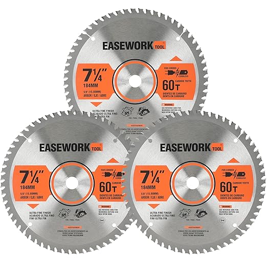 EASEWORK 7-1/4 Inch Circular Saw Blade, 60T, 5/8" Arbor, ATB TCT, 3-Pack, Ultra-Fine Finishing for Softwood & Hardwood Crosscutting, Fits DEWALT DCS570B, DCS577B, DWA171460, Diablo D0760A