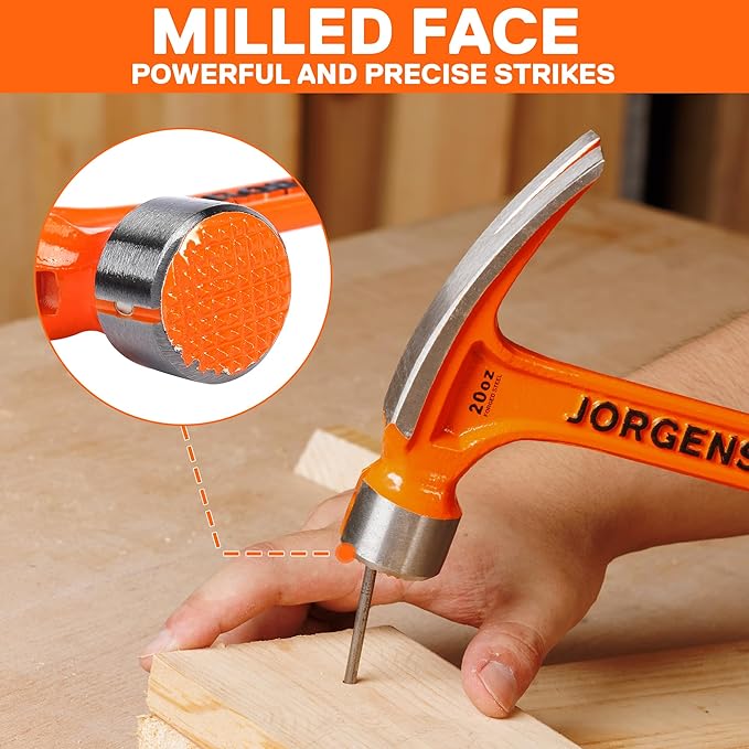 Jorgensen 20 oz Straight Claw Hammer with Magnetic Nail Holder, Rip Claw Hammer with Milled Face & Shock Absorbing Grip, Heavy Duty One-piece Forged Hammer