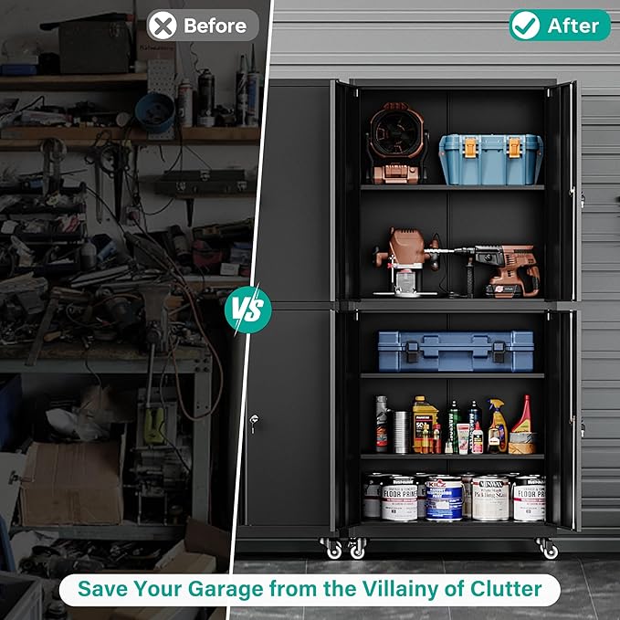 SISESOL Metal Storage Cabinet with Wheels,73" Rolling Garage Storage Cabinet with Lock,Black Metal Cabinets with Shelves and 4 Doors,Tall Tool Cabinets on Wheels for Garage,Home,Office,Shop