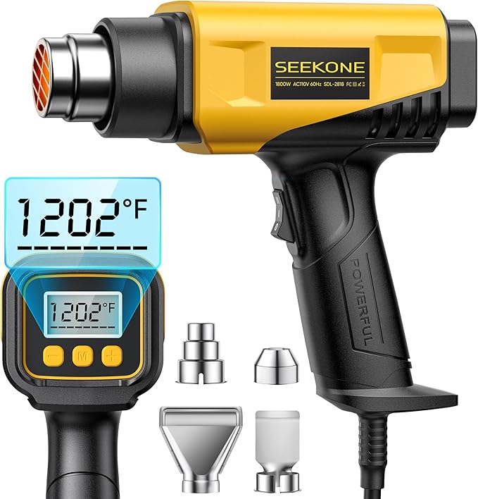 SEEKONE 1800W Heat Gun with LCD Digital Display Compact Design Hot Air Gun Variable Temperature Control 122℉-1202℉（50℃- 650℃）with Memory Function and 4 Nozzles for Crafts, Vinyl Wrap, Shrink Tubing
