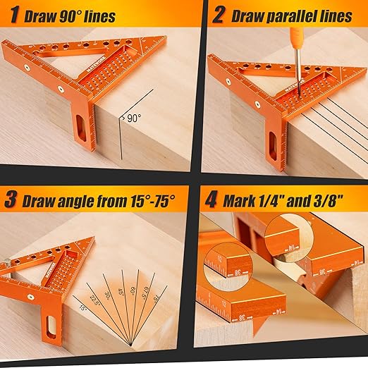 Carpenter Square, 4 inch Aluminum Carpenter Square Tool, Draw Angle Measuring Ruler Tool for Woodworking, Rafter Square Orange