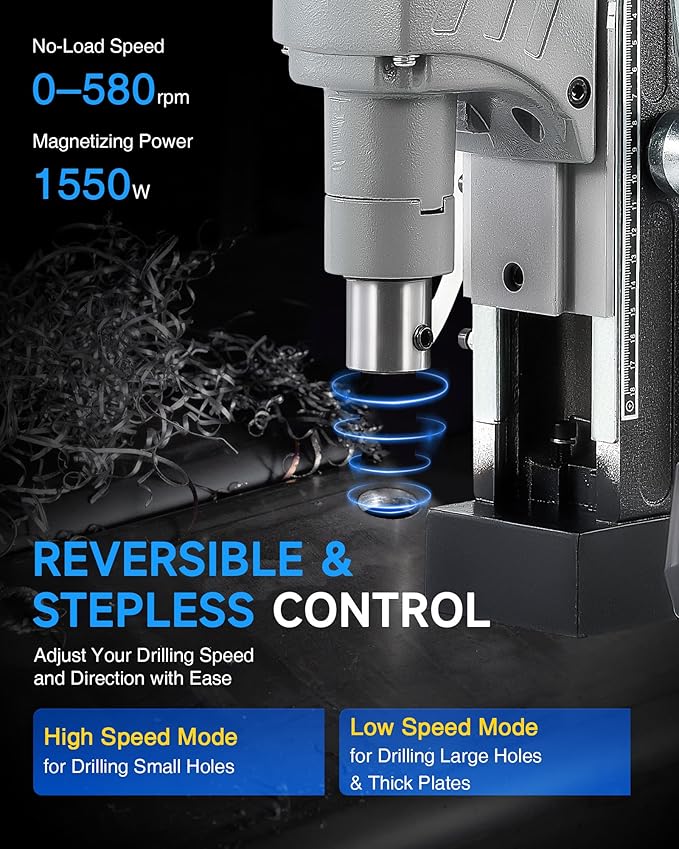 ZELCAN Mag Drill Press, 1550W Portable Magnetic Drill Press with 2" Boring Diameter, 0-580 rpm Stepless Speed & Reversible Direction, 2922 lbf Mag Force Electric Drilling Machine for Metal Surface