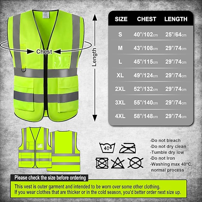 5 Pockets Class 2 High Visibility Safety Vest with Reflective Strips, Pockets Zipper Front Meets