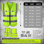 5 Pockets Class 2 High Visibility Safety Vest with Reflective Strips, Pockets Zipper Front Meets