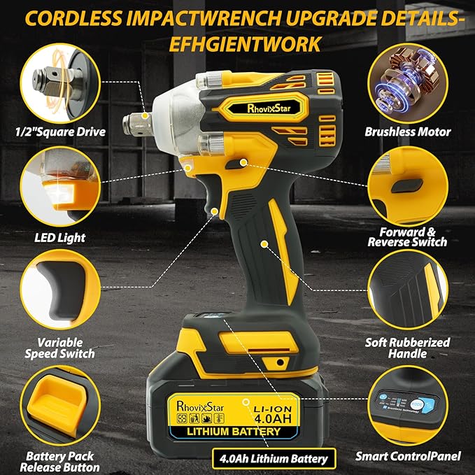 Rhovixster 1/2 Impact Gun, Cordless Impact Wrench Set, 1/2 Torque Impact, Brushless Motor High Torque Impact Guns with Battery and Charger