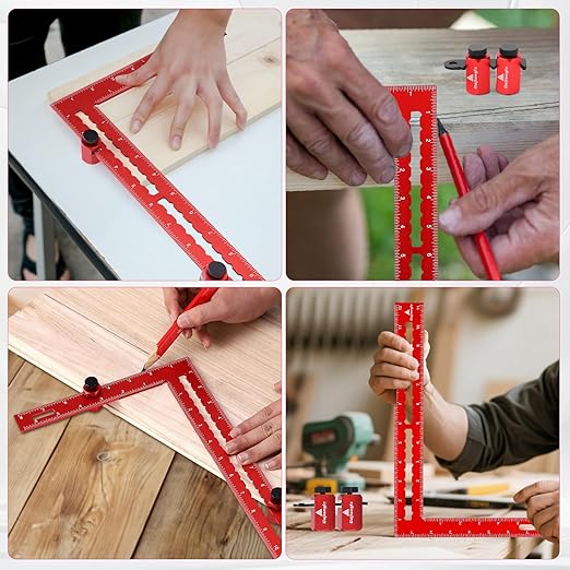 Carpenter Square 8 x 12 Inch and Tall Stair Gauges Set, for Framing Square Stop with Holder and Hook, Aluminum L Shape Angle Right Ruler, Red