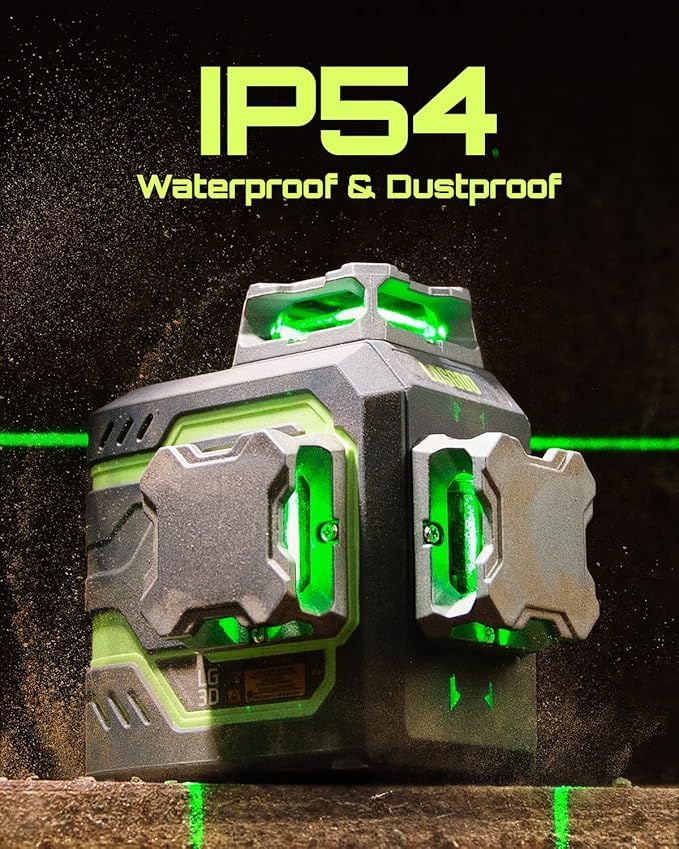 LG-3D Laser Level Self Leveling 3x360°, 3D Green Beam Cross Line Laser for Construction and Picture Hanging, 2 Rechargeable Batteries (20 Hrs), Magnetic Liftable Stand Included, Green