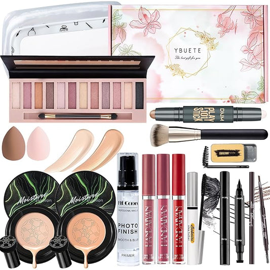 Makeup Kit Set for Women, Makeup Present for Women Teen Girl, Eyeshadow CC Cream Foundation Face Primer, Makeup Brush Sponge, Lipstick, Eyebrow Soap Pencil Mascara Eyeliner Cosmetic bag-VeraVaultWomen