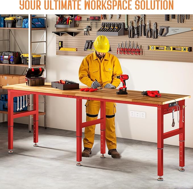 SPECRAFT 96" Red Adjustable Heavy Duty Workbench with 4 AC Outlet and 2 USB Ports Power Outlets, 5000 Lbs Capacity, Rubber Wood Top for Garage, Workshop, Office