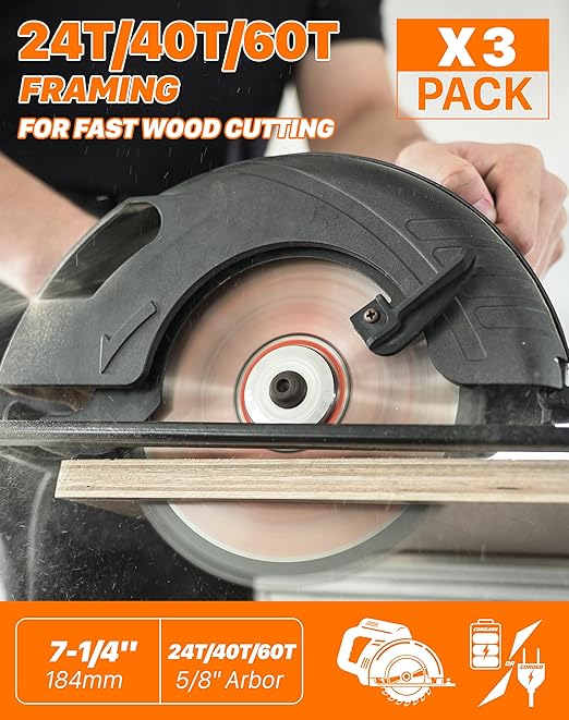 EASEWORK 7-1/4 Inch Circular Saw Blade, 24T, 40T, 60T, 5/8" Arbor, ATB Carbide Teeth, 3-Pack, Ideal for Softwood & Hardwood Crosscutting, Fits DEWALT DCS570B, DCS577B, DWA171424, Diablo D0740A