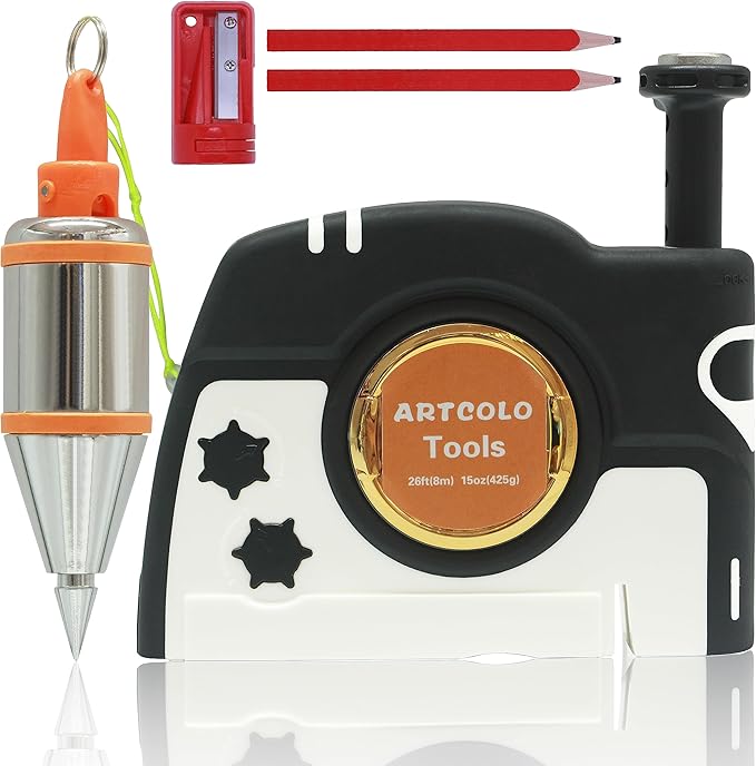 1 PCS Magnetic Plumb Bob Kit - 15 oz(425g) Plum Bob With 26 ft(8m) Automatic Stretching String,2 Pencils, Pencil Sharpener