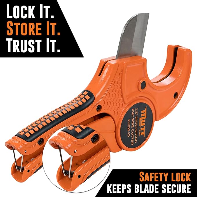 Mutt Tools Professional 2-1/2 Inch PVC Pipe Cutter Tool - Heavy-Duty Ratcheting Pipe Cutter for PVC, CPVC, PEX, ABS Plastic Pipes - Cuts Up to 2.5 Inch Outer Diameter - Plumbing Cutting Tool