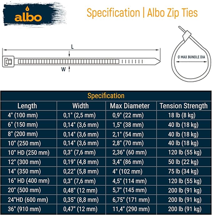 ALBO Black Zip Ties 14 Inch Plastic Cable Ties 1000 Pack Tie Wraps Heavy Duty 75lb UV Resistant Nylon Wire Ties