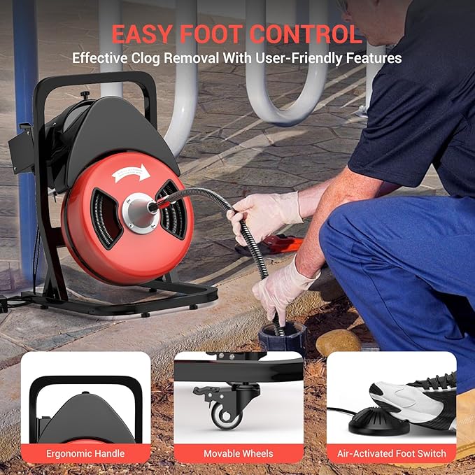50FTx1/2 Inch Drain Cleaner Machine with Wheels, Sewer Snake Electric Drain for 2" to 4" Pipes, Plumbing Snake Auger Cleaner with 6 Cutter & Foot Switch for Sewer, Sink, Toilet, Bathroom