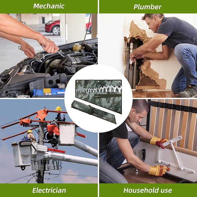 16 Pocket Wrench Roll Organizer, Rolled Tool Pouch Bag with Water Proof Oxford Cloth, Dark Camouflage