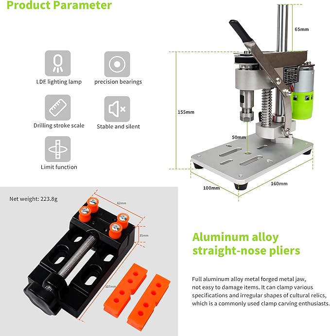 RATTMMOTOR DIY Benchtop Drilling Machine 110V-220V, Mini Desktop Variable Speed Drill Press 12mm Stroke, 3000RPM 795 Motor with Bench Vise Clamp, ER11 Collet for CNC Machining