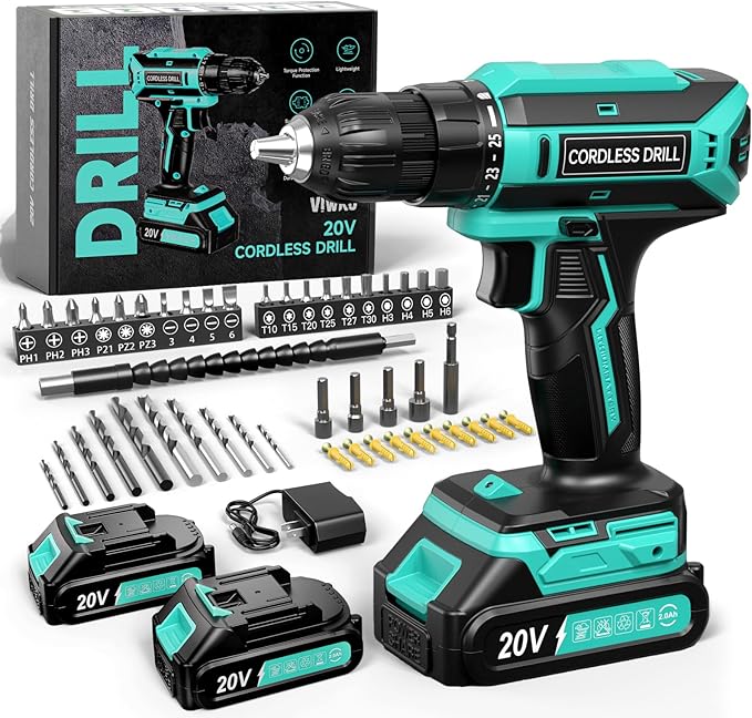 Cordless Drill, 20V MAX Power Drill Set with Dual Power Pack & Charger, 3/8 Inch Keyless Chuck, Variable Speed, 25+1 Position and 56PCS Bits/Screws, Power Tools for Home Projects