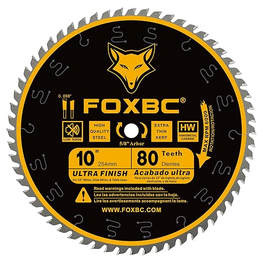 FOXBC 10-Inch Table Saw Blade, 80-Tooth, Ultra Finish Wood Cutting, 5/8-Inch Arbor