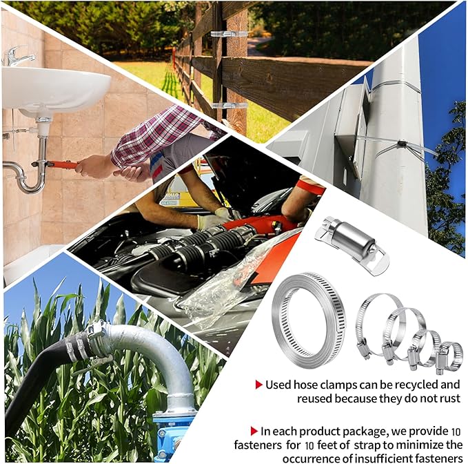 Hose Clamps 10FT Strap+10 Fasteners,DIY Cut-To-Fit 304 Stainless Steel Adjustable Large Worm Gear Band Clamp Assortment Kit,Metal Screw Fasteners and Strapping for Pipe,Duct,Pole,Tube