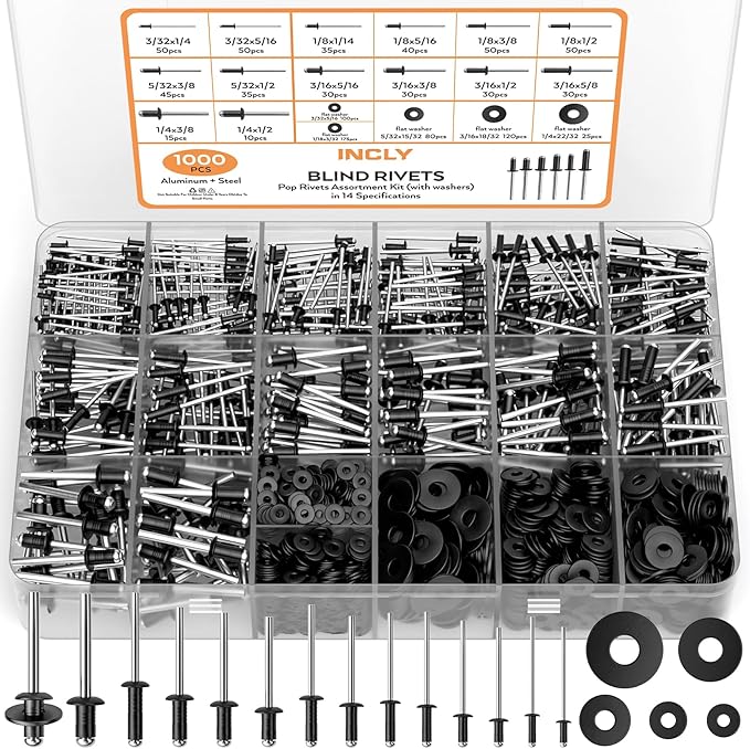INCLY 1000PCS Pop Rivets Assortment Kit, 14 Sizes Black Rivets for Metal 3/32" 1/8" 5/32" 3/16" 1/4" and 5 Sizes 304 Stainless Steel Washers with Storage Case