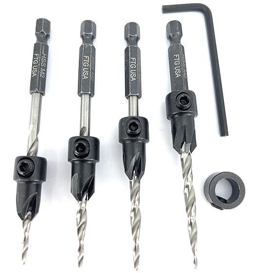 FTG USA Adjustable Wood Countersink Drill Bit Set 4 Pc #8 (11/64") with Tapered Drill Bit for Woodworking