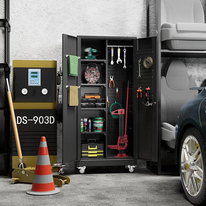 71" H Broom Storage Cabinet with Wheels and Doors,Rolling Tool Cabinet with Pegboard,Shelves and Rod for Garage Warehouse Home,Required Assembly,Black