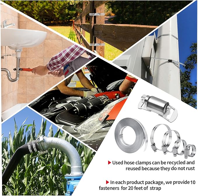 Hose Clamps 20FT Strap+10 Fasteners,DIY Cut-To-Fit 304 Stainless Steel Adjustable Large Worm Gear Band Clamp Assortment Kit,Metal Screw Fasteners and Strapping for Pipe,Duct,Pole,Tube