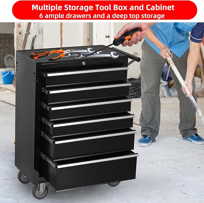 6-Drawer Rolling Tool Chest Cabinet, Large Capacity Metal Tool Box with Wheels and Keyed Locking, Roll Around Storage Organizer Tool Cart for Garage, Warehouse, Work Shop (Black)