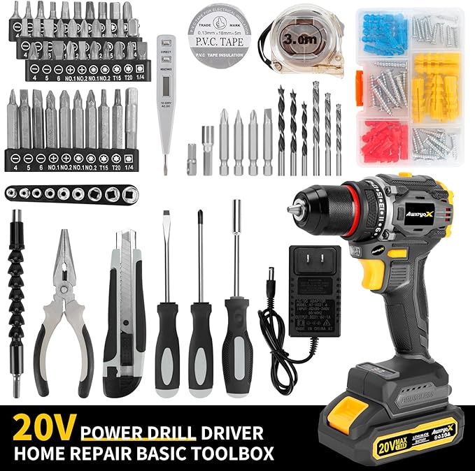 Brushless Compact Drill Tool Set, 60N.m 20V Cordless Drill Tool Box with 2 Battery, 135Pcs Man Household Combo Set with DIY Hand Taladros Kits, 531 In-lb Kit with Drill for Daily Home Repair