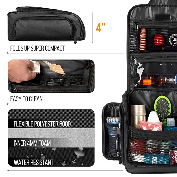 Travel Toiletry Bag for Men and Women - Large Hanging Toiletry Organizer - Waterproof Hygiene Bag with Metal XXL Swivel Hook, with Sturdy Zippers and 19 Compartments for Toiletries, Makeup, Cosmetics