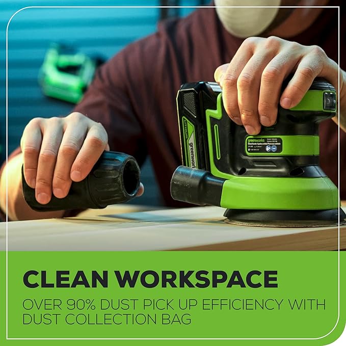 Greenworks 24V Cordless Orbital Sander, 5" Random Sanders Variable Speed, 11000 OPM, 3 Sandpaper Sheets, with 2Ah Battery and Charger