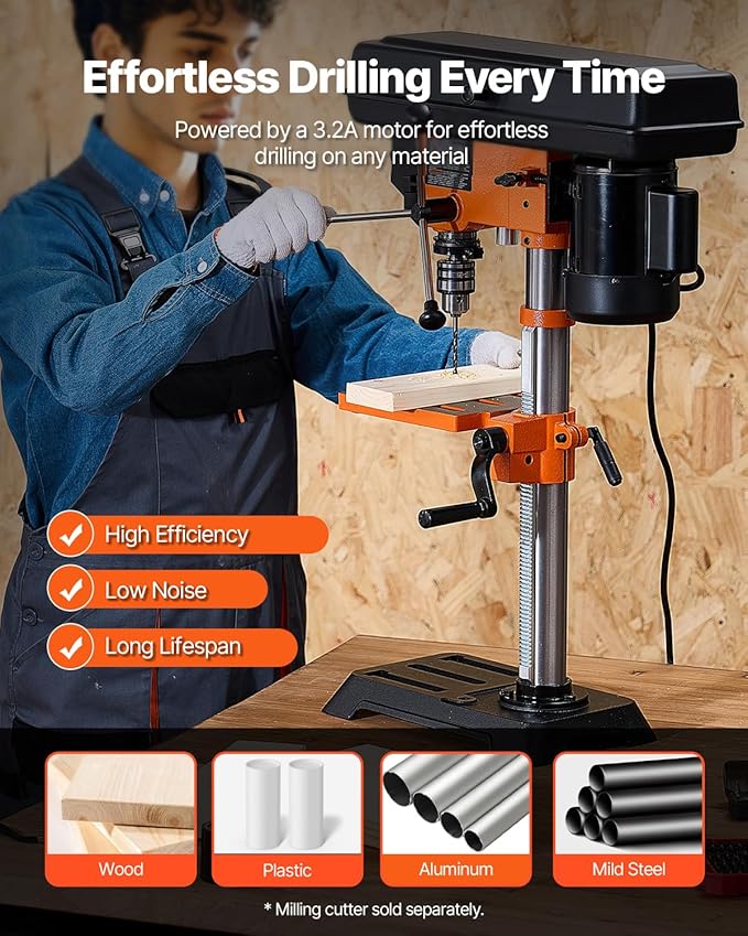 VEVOR Benchtop Drill Press, 3.2 Amp and 5-Speed Adjustable Drill Press with 10 in Swing, Cast Iron Frame, Worktable Tilts 0-45°, Ideal for Drilling Wood & Metal