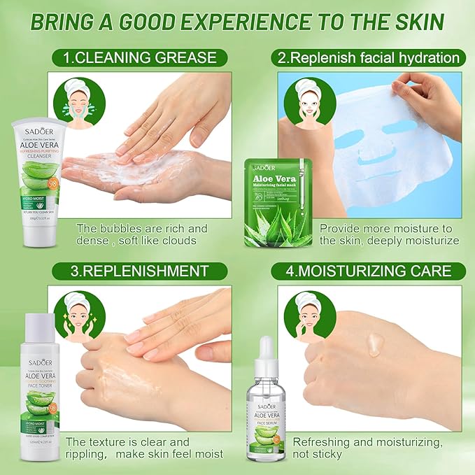 10 Pcs Skin Care Sets Face Care Set for Women Includes 1 Pcs Cleanser, Toner, Lotion, Eye Cream, Serum, Face Cream, Lip Balm and 3 Facial Masks Skincare Gift for Girls (Aloe Vera)-VeraVaultWomen