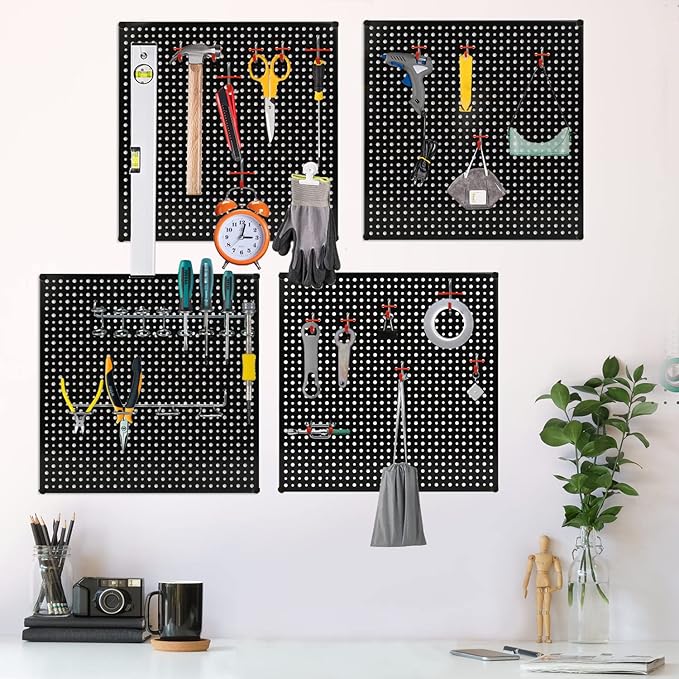 Pegboard Rack Garage Storage Steel Horizontal Peg Board Pack,Steel Pegboard Heavy Duty- 4 Pack 16-Inch X 16-Inch Metal Peg Board Tool Organization Panels(Black)