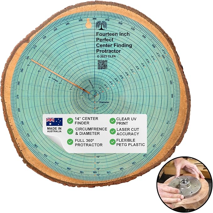 clearly printed 14" circle center finder tool, protractor, and circle maker tool and compass for woodworking and wood turning. Find the center of timber or dowel with our center finder ruler.
