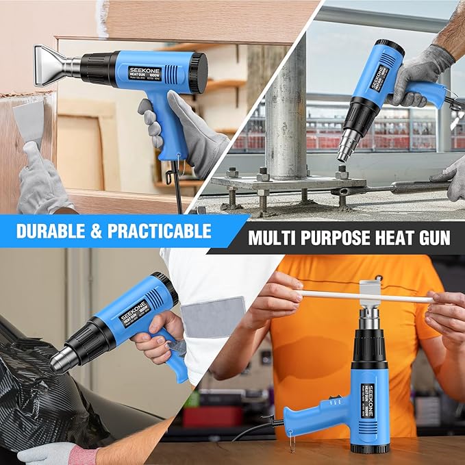 SEEKONE Heat Gun, 1800W Heavy Duty Hot Air Gun Kit Dual-temperature Setting 572℉&1112℉, Hot Heat Gun with Overheat Protection, 4 Nozzles Included, for Shrinking PVC, Stripping Paint, Crafts (5.2ft)