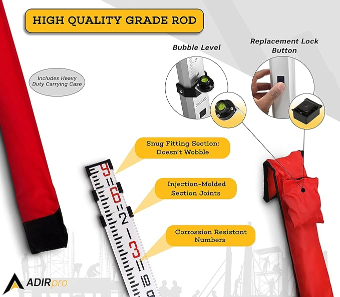 AdirPro 9-Foot Aluminum Grade Rod – 8ths, Dual Sided 5-Section Telescopic Leveling Rod – Bubble Level and Soft Carrying Case Included