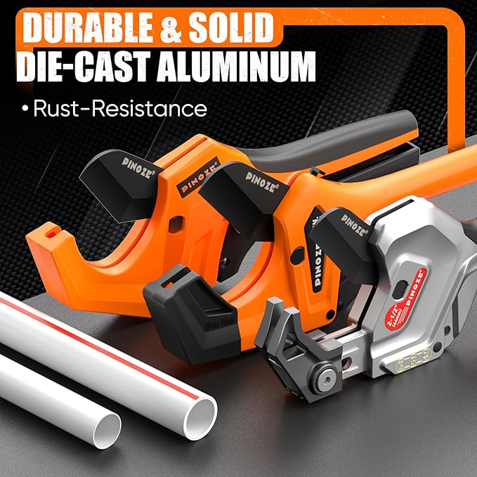 PVC Pipe Cutter Cuts up to 2-1/2”, Aluminum Ratchet Pipe Cutter Tool Heavy-Duty for PVC, PPR, PE, PEX, Plastic Hoses & Plumbing Pipes, Fast Pipe Tube Cutters with Teflon Coated SK5 Blade