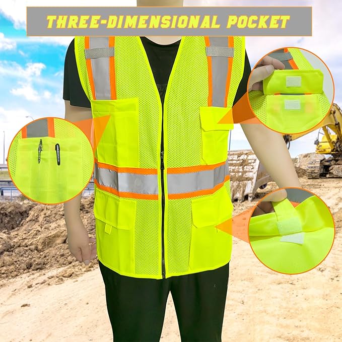 BeautyWill Custom Safety Vest Customized Logo Class 2 High Visibility Reflective Vest with Pockets Construction workwear