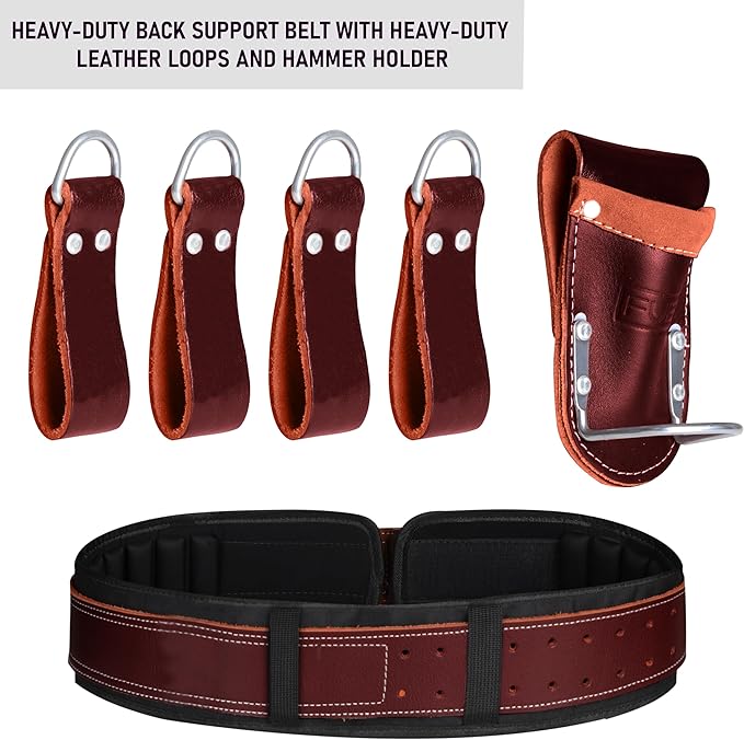 FUERI Tool Belt With Suspender Men Carpenter Pouches Construction Bags Electrician Belts Framer Worker Pouch Bag Holder Organizer 26 Pocket Nylon Leather Maroon Professional Set - Extra Large
