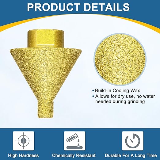 HARFINGTON Diamond Beveling Chamfer Bits 0-1.5" Dia M10 Thread Cone Bit with Adapter, Countersink Drill Bit to Enlarge Holes for Porcelain Tile, Marble, Ceramic, Glass, Stones