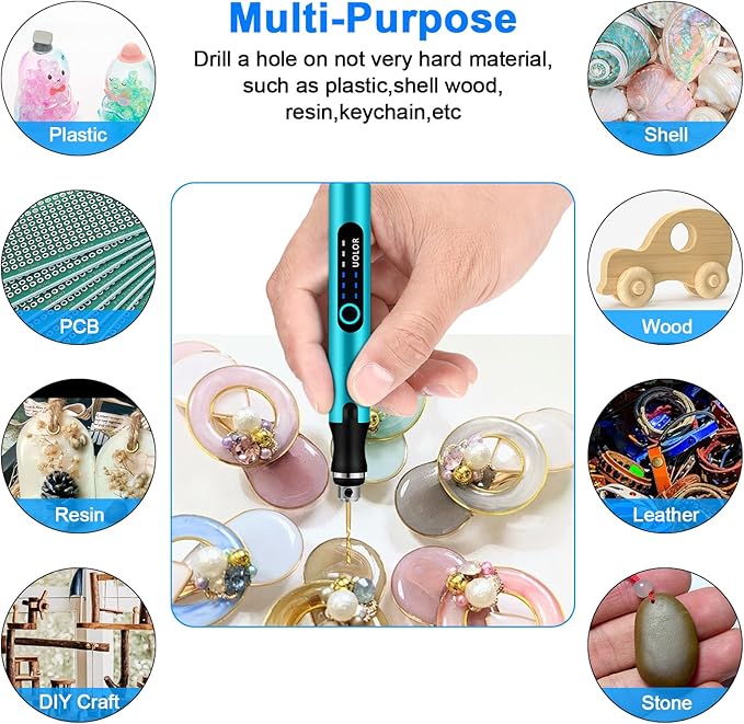 3-Speed Cordless Mini Drill Pen, Rechargeable DIY Electric Hand Drill with 10 Small Drill Bits, Micro Drill Set for Jewelry Making Stone Plastic Resin Keychains